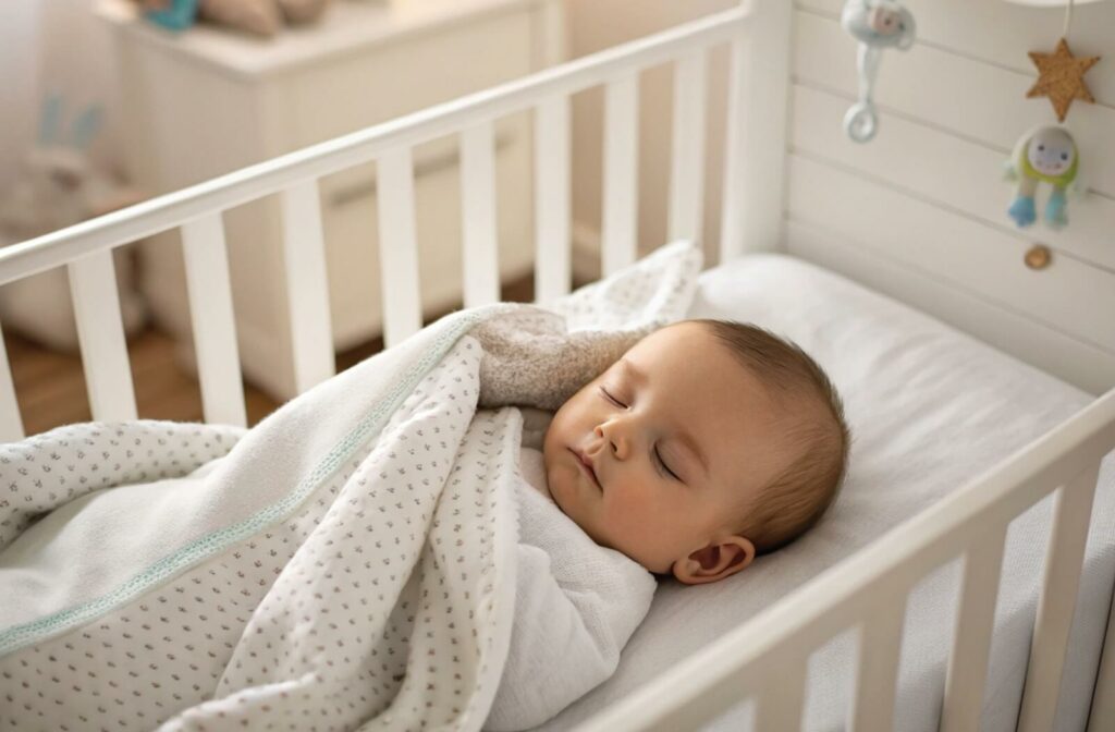 newborn baby sleeping in crib.