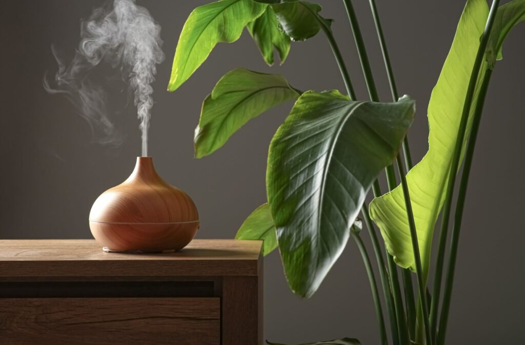 Wood-grain humidifier releasing a stream of mist on a wooden table beside large green houseplant leaves.