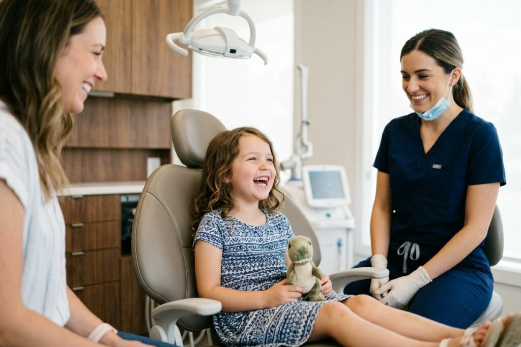Child laughing in a dental chair holding a stuffed toy, with a smiling dentist and an adult beside them.