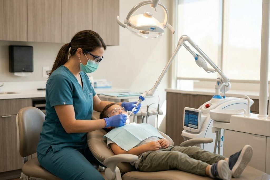 Dentist in mask and gloves treats a child lying in the dental chair under an exam light.