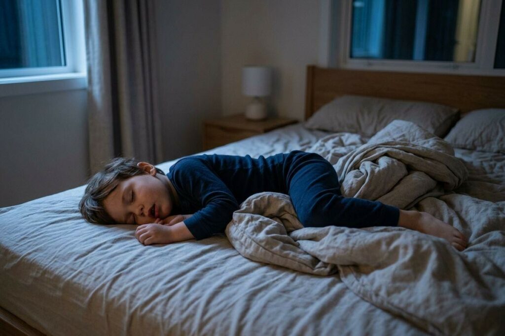 Child in dark blue pajamas sleeping on a bed with beige linens in a dimly lit bedroom.